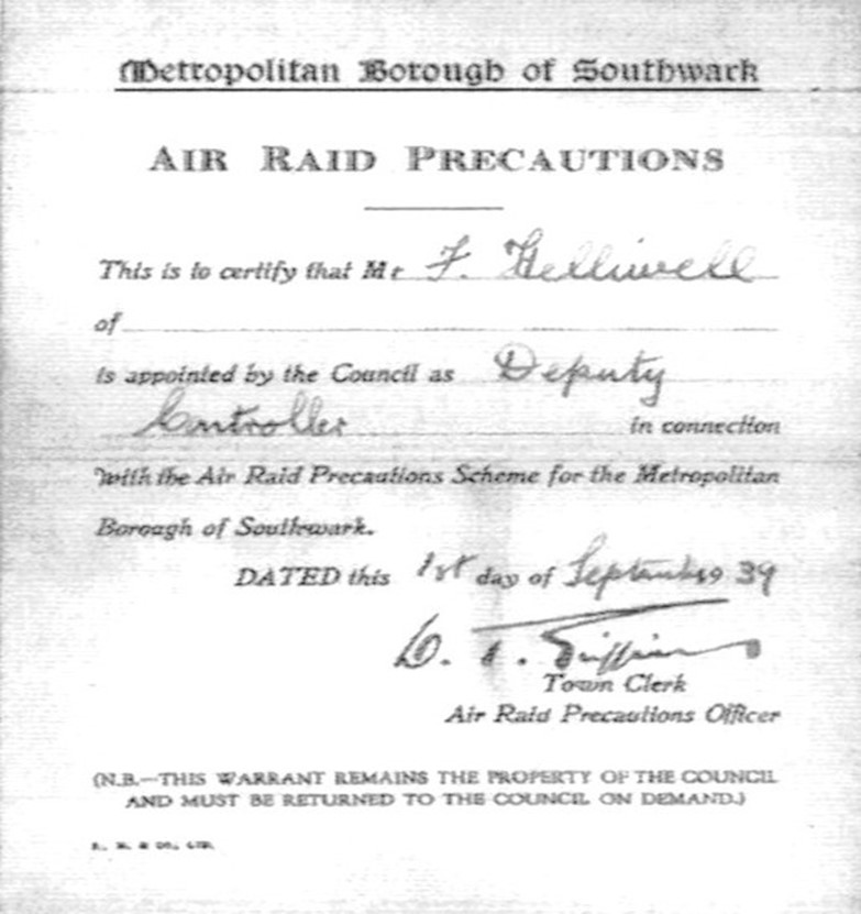 Southwark ARP identification card, F Helliwell. 1939.  X.jpg