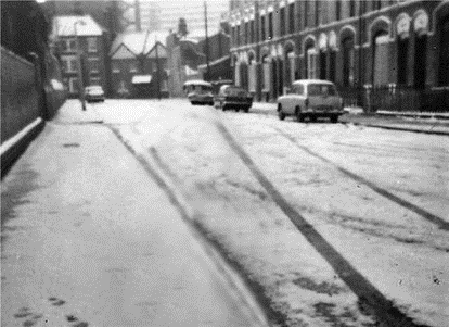 Faraday Street, c.1969, looking towards Portland Street. Aycliffe House is the larger house at the bottom and is still there. X.png