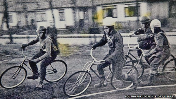 Lynton Road, Patterson Park. Jim Longbom holds the inside line at the Lynton Lynx track. Many of the bikes were homemade - with no brakes.  X.png