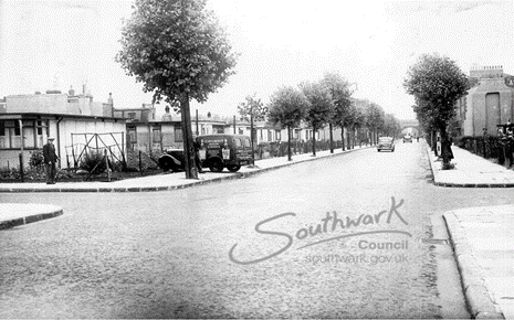 Abbey Street, 1954, prefab housing. Looking towards Jamaica Road. Maltby Street lefy & right. Pic 1. X..png