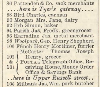 Bermondsey Street, The Post Office Directory of 1910, showing J.F Parish Fruiterer & Greengrocers at No.94, now Eatelia..png
