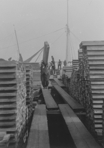 Surrey Docks, A Deal porter carrying deals along plank from ship to shore, c1929.   X..png