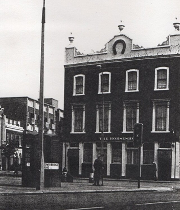Tower Bridge Road, The Horseshoe Pub, c1976. Marigold Pub, Bermondsey Street on the left.   X..png