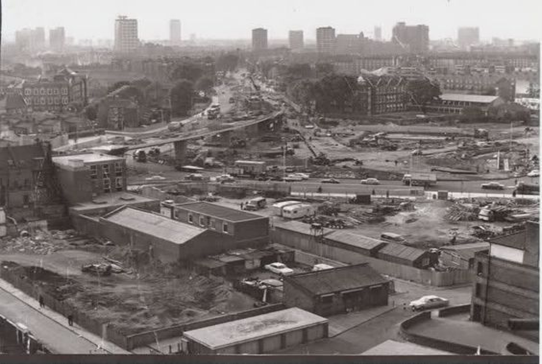 Old Kent Road flyover, looking down the New Kent Road towards the Elephant & Castle, Leroy Street bottom left.  X..png