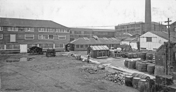 Abbey Street, Messrs. Bevingtons and Sons' Leather Mills, Neckinger. June 1931. Vacant space to right is original site of Joanna Southcott's Chapel.  X..jpg