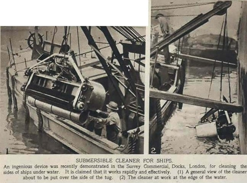 Surrey Docks Rotherhithe c1920. A demonstration at Surrey Docks of a submersible cleaning device for the hulls of ships.  X..png