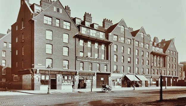 Waterloo Road, Webber Row left, c1909. Mawdley House on the Webber Row Estate. Thorowell Bros, a grocer, can be seen on the corner of Waterloo Road and Webber Row, c1909.  X..png