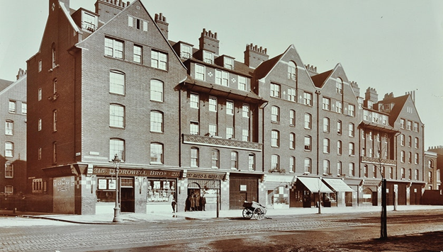 Waterloo Road, Webber Row left, c1909. Mawdley House on the Webber Row Estate. Thorowell Bros, a grocer, can be seen on the corner of Waterloo Road and Webber Row, c1909. X..png