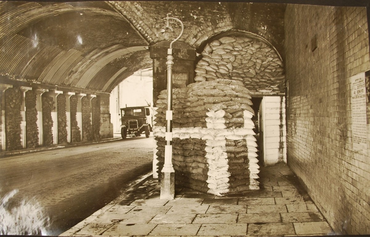 Spa Road, Bermondsey. Air raid shelter under railway arch, c.1939.  X..jpg