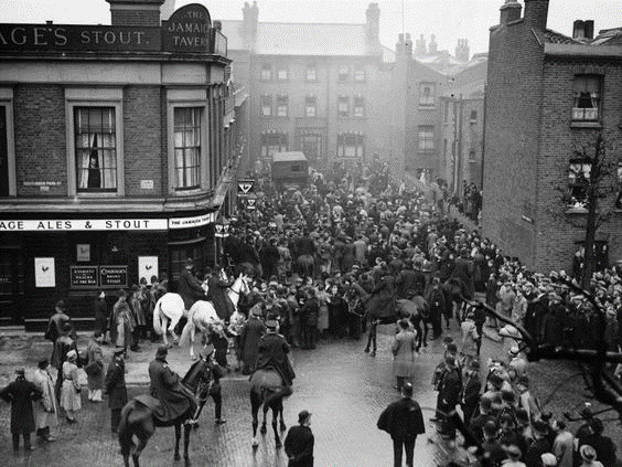 Southwark Park Road 1938. Mounted police controlling a small crowd outside The Jamaica Tavern at a Fascist meeting. X.png