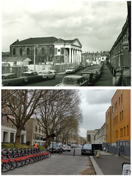 Wansey Street in 1972 and today, 50 years later. The former Surrey Tabernacle and then Borough Synagogue (from 1927) left. Bottom picture same location 2022. X..png