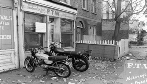 Grange Road, Bermondsey, F T W, Motorcycles, c1988.   X..png