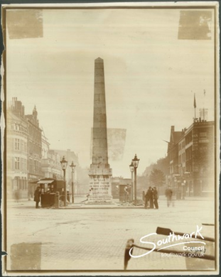 St George's Circus, Southwark, the obelisk was removed around 1897 to make way for the Jubilee Clock Tower.  X..png