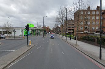 Pancake Race 1, Old Kent Road same location 2022. Malt Street left & I think that is George Elliston House right..png