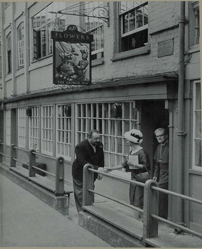 Borough High Street, The George Inn taken in 1960, left Fred Martin publican, Princess Margaret and the Bishop of Southwark Arthur Mervyn Stockwood. X.png