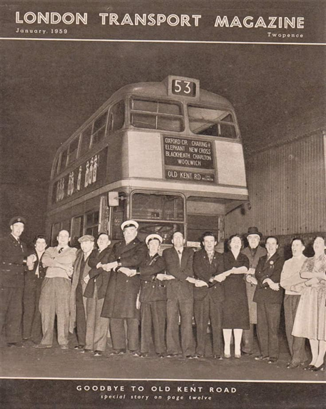 Old Kent Road bus garage, the last bus to run in before the garage closed on 25th November 1958.  X.png