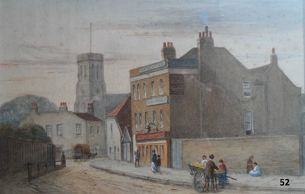 Rotherhithe Street formally Trinity Street, this is the Acorn Pub, with Holy Trinity Church in the background c1860, originally called the Acorn Inn.  X..png
