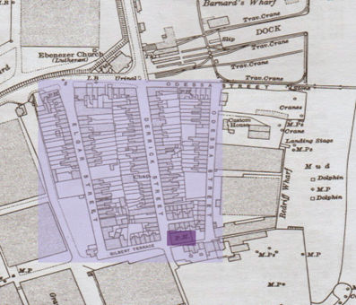 Derrick Street. The area now occupied by Redriff Estate as it was in 1914. The Ship and Whale Pub in dark purple.  X..png
