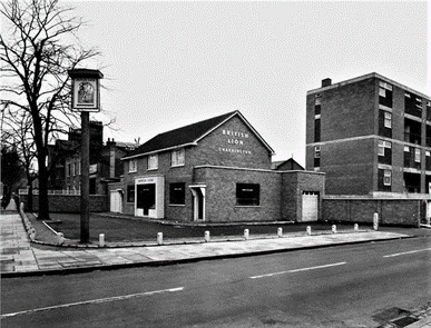 Benhill Road left, Elmington Road right, Camberwell. New site of the British Lion Pub.  X..png