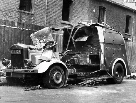 Pomeroy Street, an LFB pump vehicle damaged by an oil bomb at a fire in Pomeroy Street, Blitz 1940.  X.png