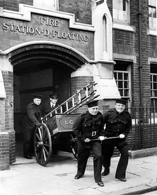 Rotherhithe Street, London firemen at hose cart drill, Fire Station D Floating Platform Wharf.  X..png