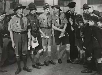 Scouts who received the Silver Cross. Left to right Ernest Joseph Burgess, Cubmaster William C. Lench, Leonard (Nick) Murray, Charles Norris (Patrol Leader), George Francis Winmill and Eric Young, 1941.  X.png