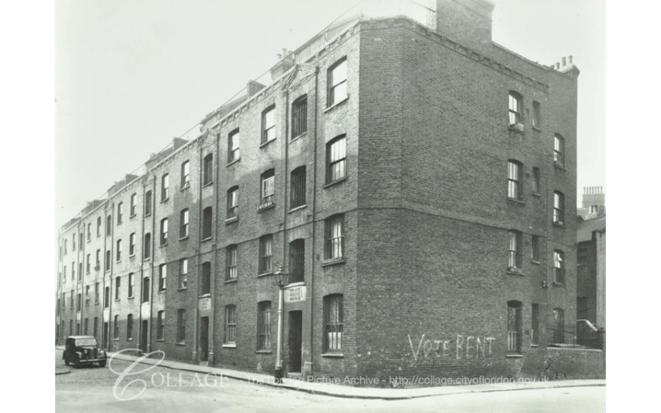 Haddonhall Street, Dover House Southwark, c1955. Haddon House far end, with Rephidim Street right.  X..png