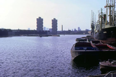 Surrey Commercial Docks, c1970. Canada Dock from the old Red Bascule Bridge on Redriff Road.  X.png