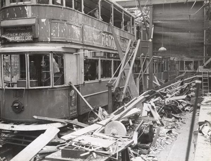 Camberwell Road, air-raid damage to the tram depot, caused by a flying bomb, c1944.   X..png