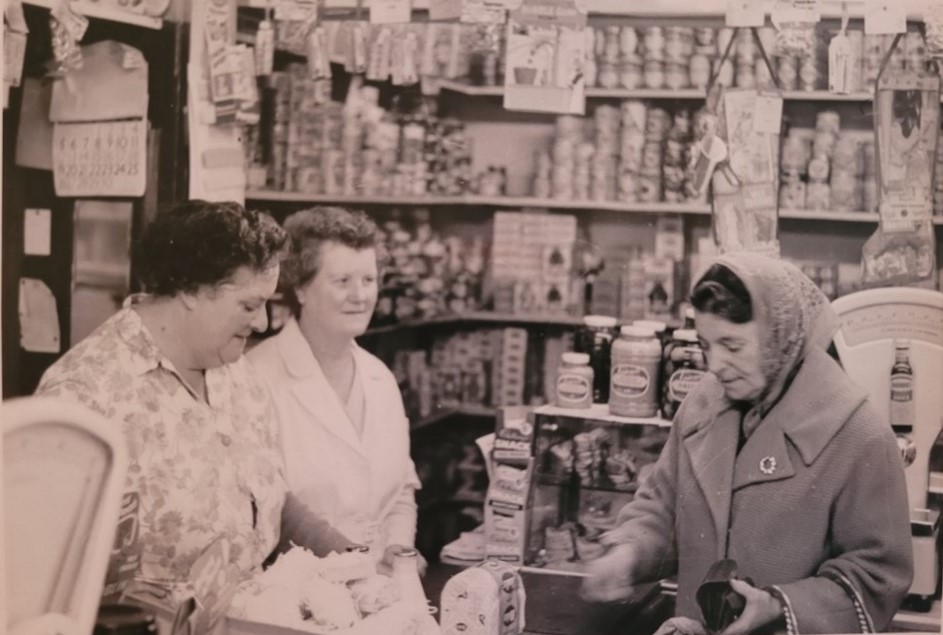 Alvey Street, Lebanon Street, J Stamp & Sons corner shop c1960. Margaret 'Cissy' Stamp in the middle.  1 X..jpg