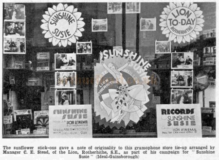 Lower Road, advertising for 'Sunshine Susie' at the Lion Cinema, Rotherhithe in a local record store, 1932.    X..jpg