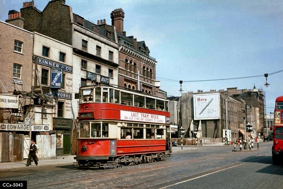 Blackfriars Road heading towards Blackfriars Bridge 1952. The Cut is front left, with the Ring Pub on the corner.  X..jpg