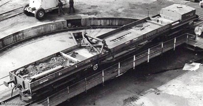 Bricklayers Arms Depot, c1980. Crane Match Wagon on the turntable..jpg
