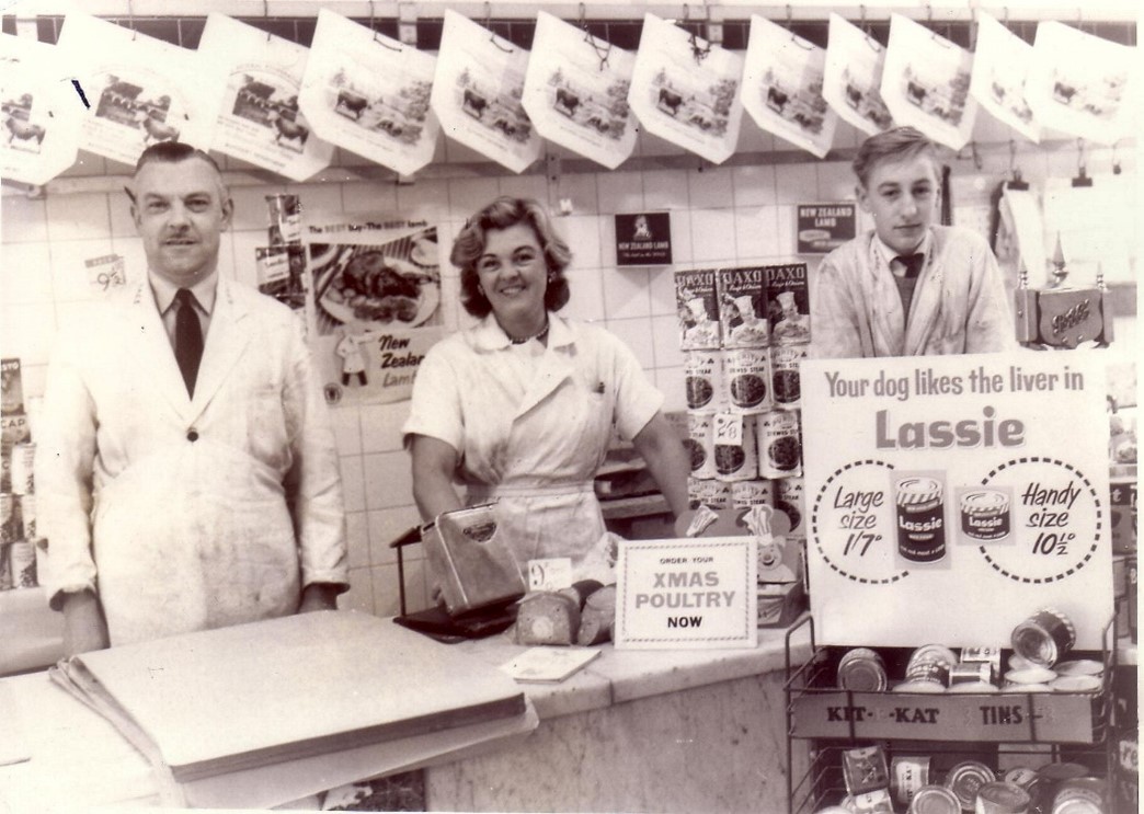 Old Kent Road, RACS Butchers Shop, c1960. The lady is Joan Eagle, the man left believed to be Fred Gregory..jpg