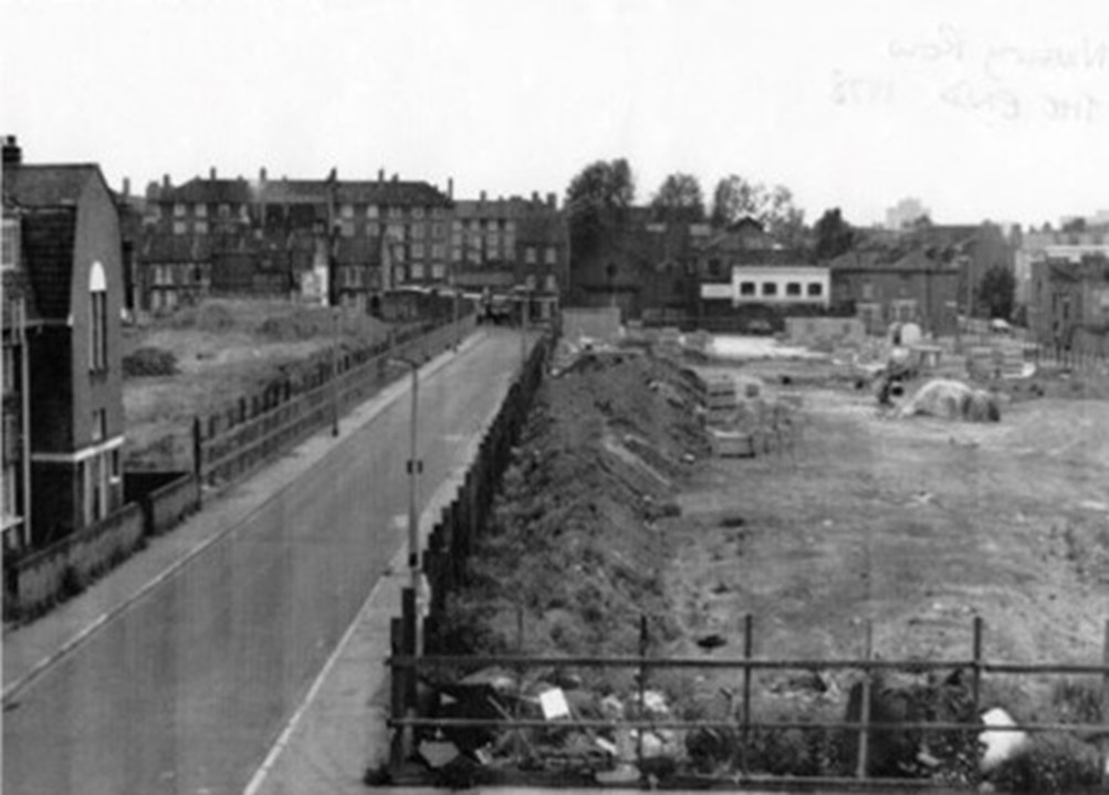 Nursery Row from Orb Street 1978. The white building is now part of the Rocket Box Shop, 2022..jpg