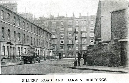 Hillery Road, looking from Rodney Road, Crail Row and Darwin Buildings at far end, Hillery Road is no longer there.  1.  X..png
