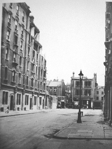 Scovell Road, looking towards the Britannia Pub,144 Southwark Bridge Road, view from off-licence late 1940..gif