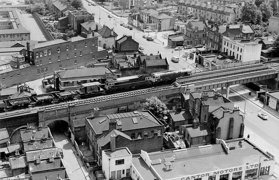 Ilderton Road,Old Kent Road Junction 1969. The London Bridge rail line where it crosses the Old Kent Road (A2). This section of track is between South Bermondsey and Queens Road Stations.1969.jpg