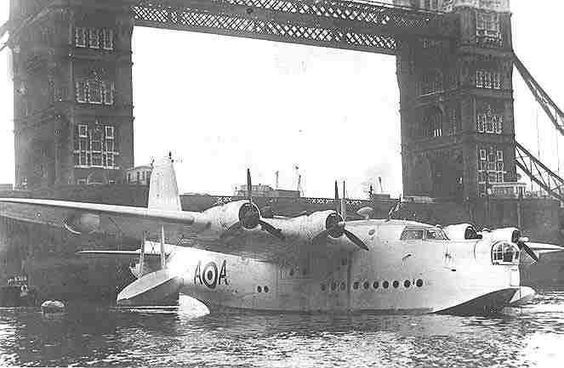 Short Sunderland Mark V flying boat, RAF A-A by Tower Bridge on a Battle of Britain Day, Pool of London 1950s.jpg