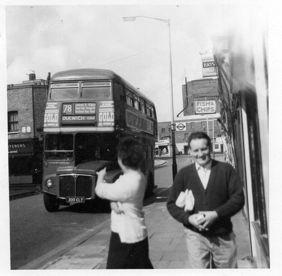 Peckham Park Road, Astoria Cinama in the Old Kent Road in background. This is the bus we caught to go to Liverpool St Station when Jen lived in Southhend 1959-60s   X.jpg