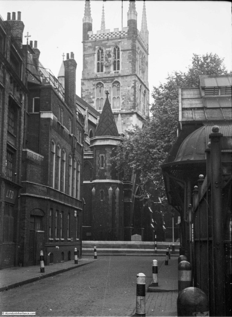 Southwark Cathedral from Winchester Walk. In 1953,rear of Borough Market on the right..jpg