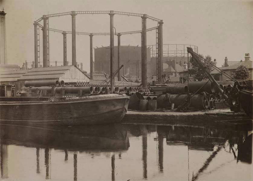 South Metropolitan Gas Works. Yard and canal view. Note the barge 'Sparrow' moored up at the wharf..jpg