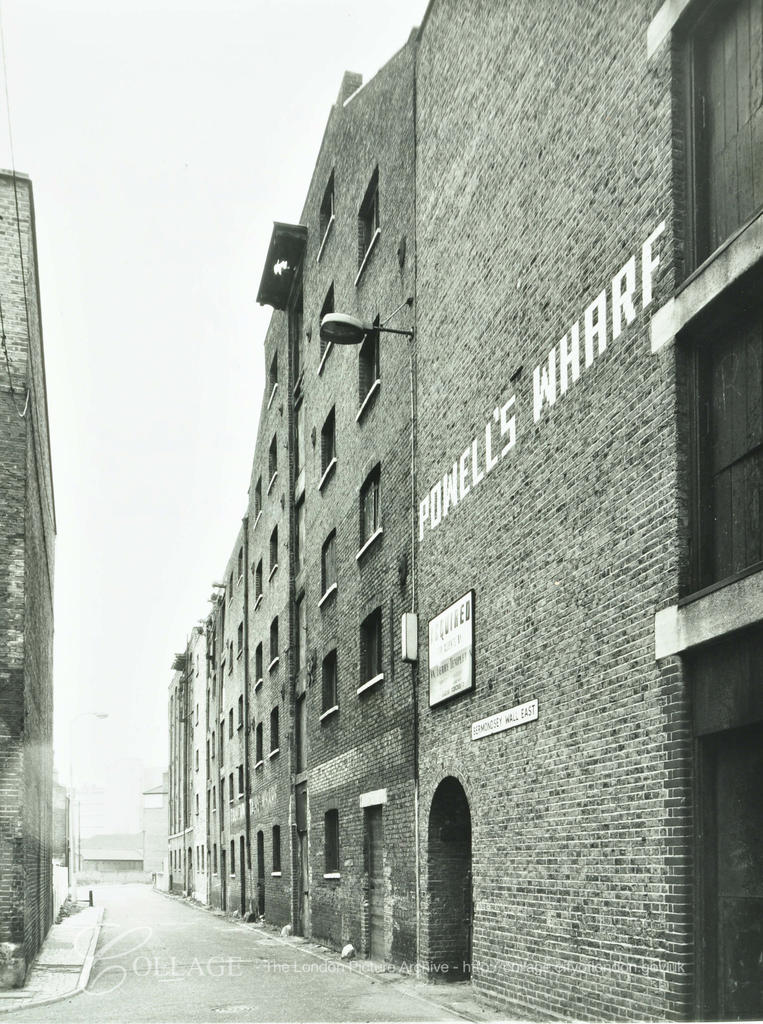 Bermondsey Wall East, from right to left, Powells Wharf, Fountain Stair Wharf, 1974. Wilson Grove left.  X.png