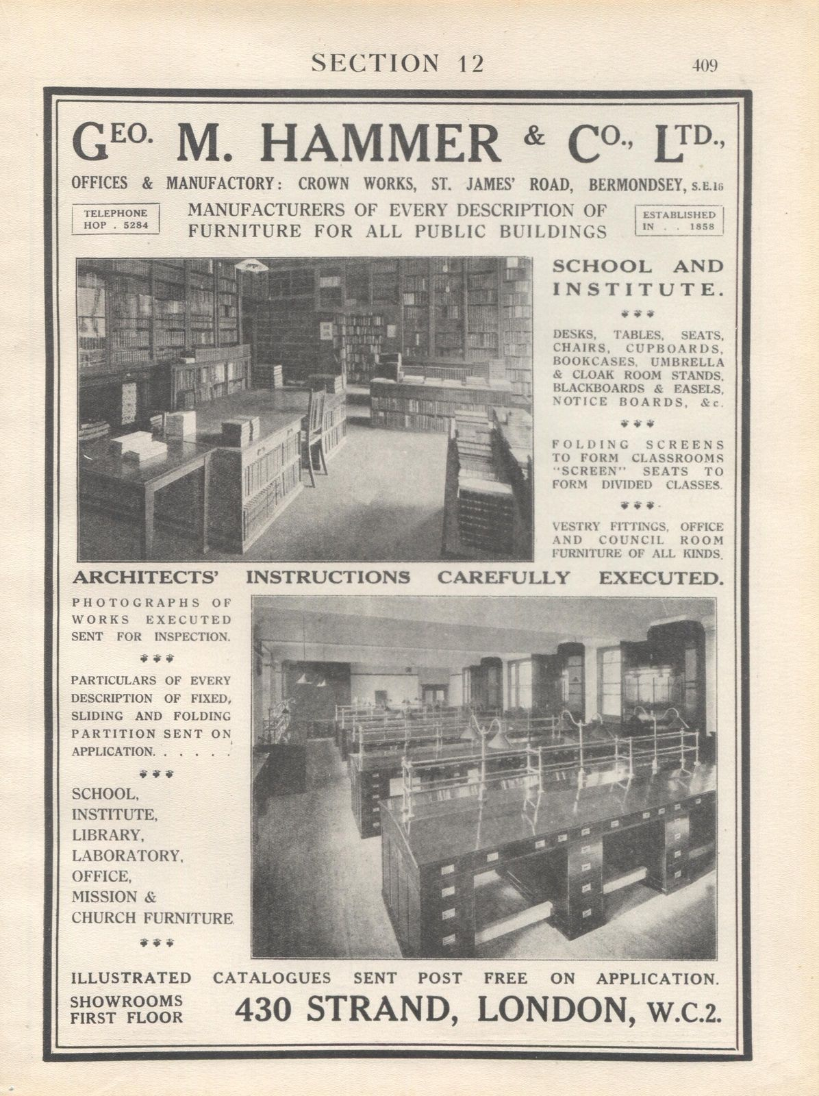 Geo. M. Hammer & Co, St James Road,Bermondsey - furniture for public buildings - c1920s.  X.png