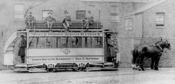 Ramcar No 25 of the Southwark and Deptford Tramways Company stands in the depot yard on Evelyn St —1880s or early 1890s.  X.png