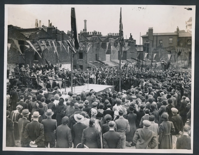 Spa Road, Memorial Service for Lidice at a Spa Road bomb site, Bermondsey on 10 June 1943.  X.png