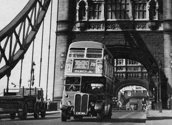 78 bus crossing Tower Bridge, south side c1952, heading towards Tower Bridge Road and on to Dulwich.  X.png