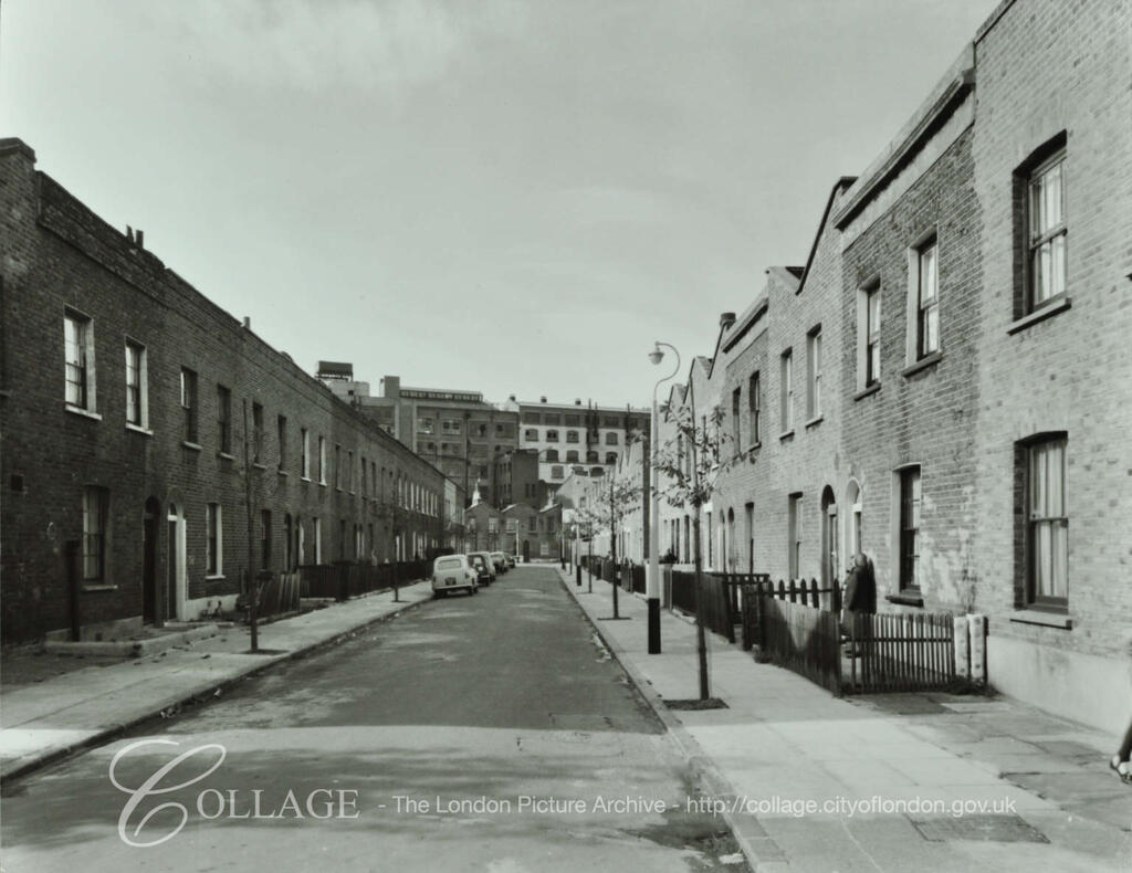 Curtis Street, Bermondsey, now known as Curtis Way, looking north from Kintore Street. 1967.Crosse & Blackwell’s far end.  X.png