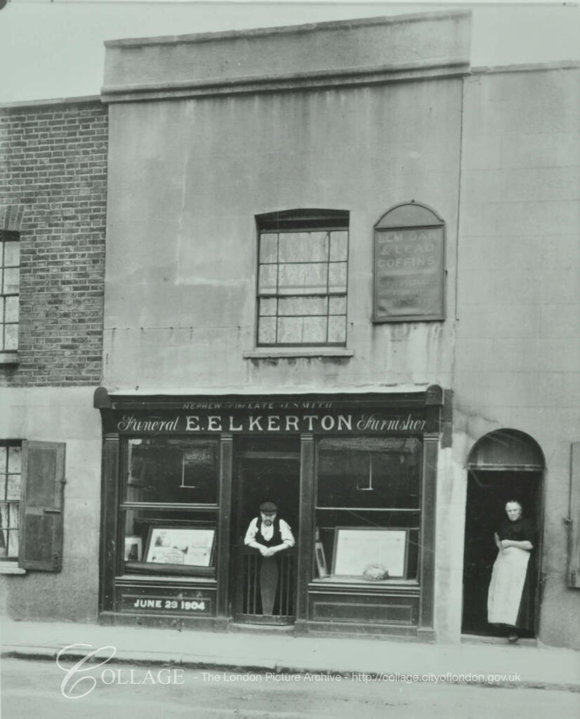Swan Road, Rotherhithe, formerly Swan Lane, showing business of E. Elkerton funeral furnisher c1904.  X.png