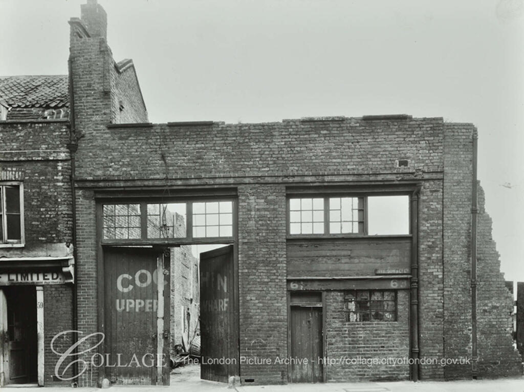Rotherhithe Street, Cochin Upper Wharf, Rotherhithe. Derelict building also shows part of 59 Rotherhithe Street c1950. 59 Yardley’s Wharf Ltd.  X.png